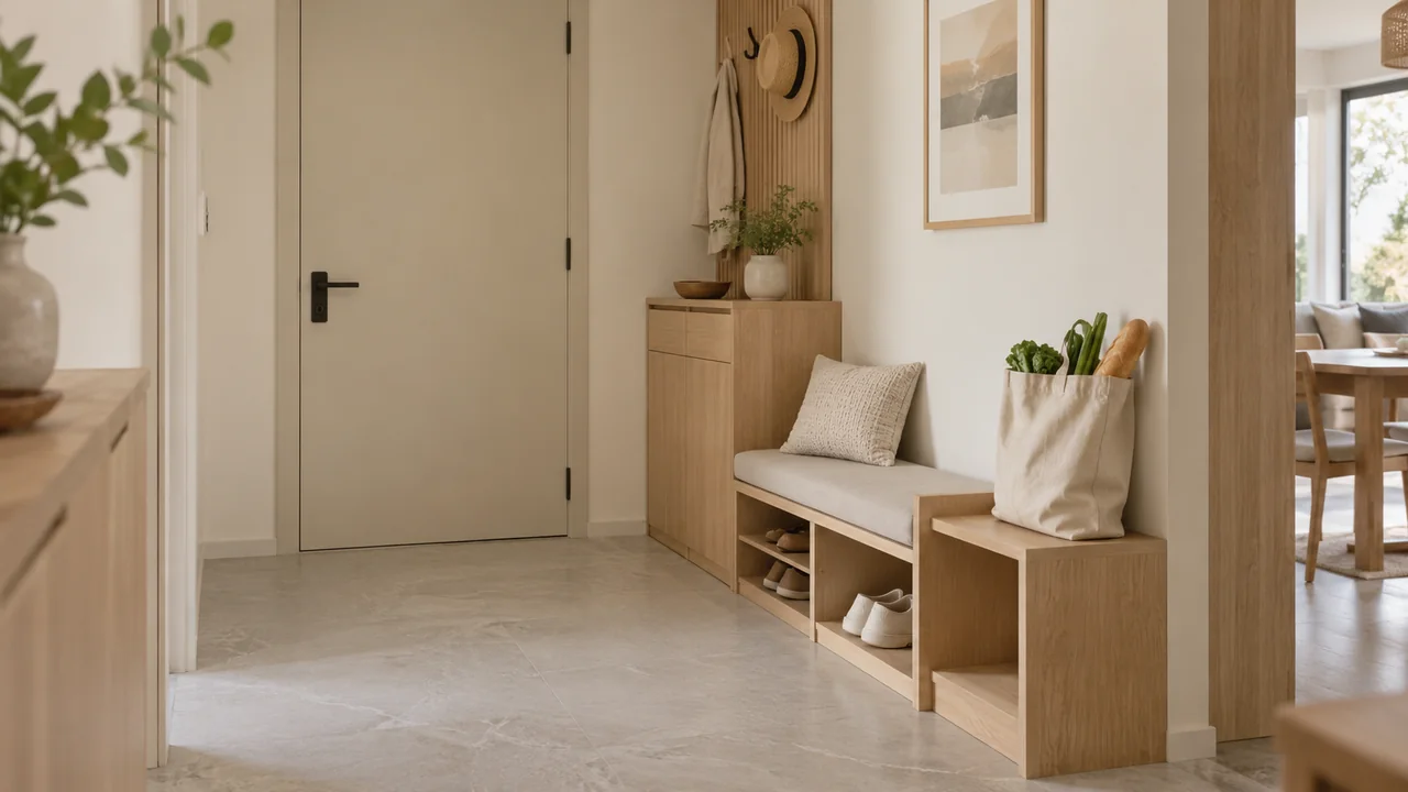 Minh họa chỗ đặt tạm túi đồ vừa mang về cạnh lối vào căn hộ