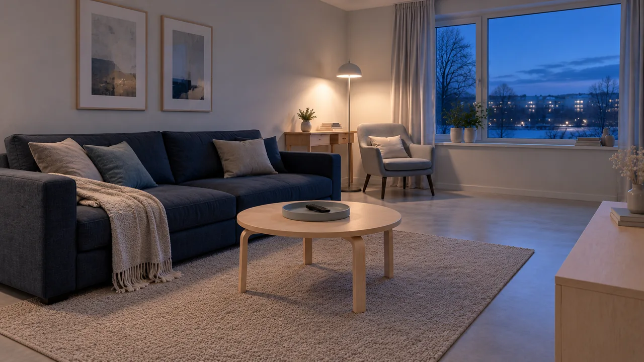 Sofa xanh và ghế đọc sách đặt ở hai vị trí trong cùng phòng khách