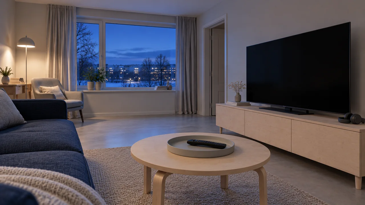 Góc nhìn từ sofa tới TV tắt và khay đặt điều khiển trên bàn