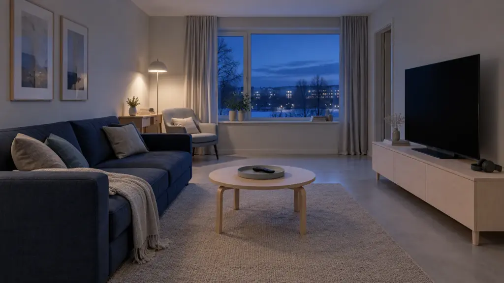 Phòng khách Scandinavian với sofa xanh, TV và góc đọc sách vào buổi tối