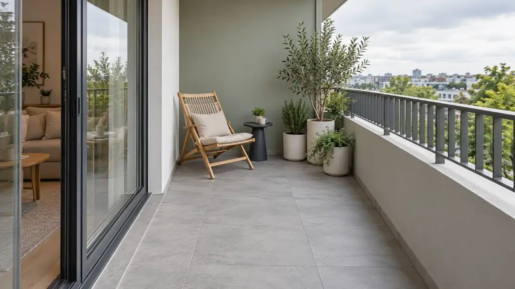 Ban công Scandinavian giả định với ghế gỗ gấp, chậu cây và phần sàn trống để đi lại