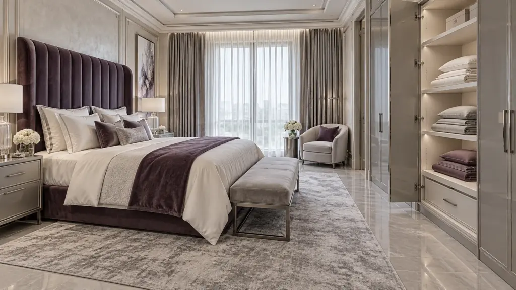 Phòng ngủ Luxury với tủ đồ vải mở và các nhóm đồ gấp màu ngà, ghi, tím mận
