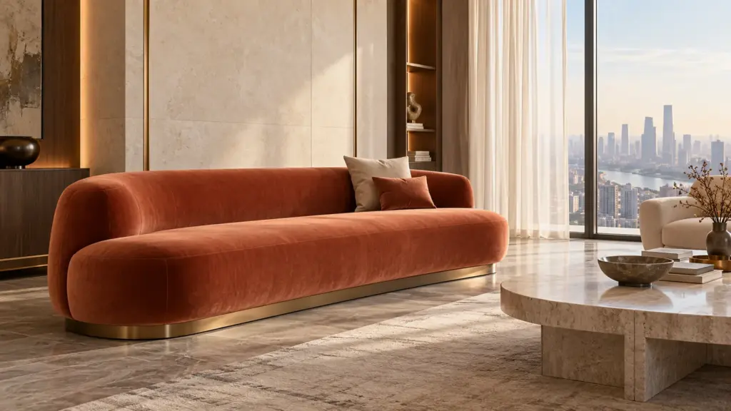 Phòng khách Hiện đại Luxury giả định với ghế nhung đất nung, đế kim loại đồng xước và vách đá sáng
