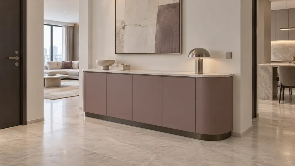 Tủ thấp sơn màu mauve với một đầu bo cong, mặt đá sáng và chân tủ lùi trong sảnh căn hộ giả định