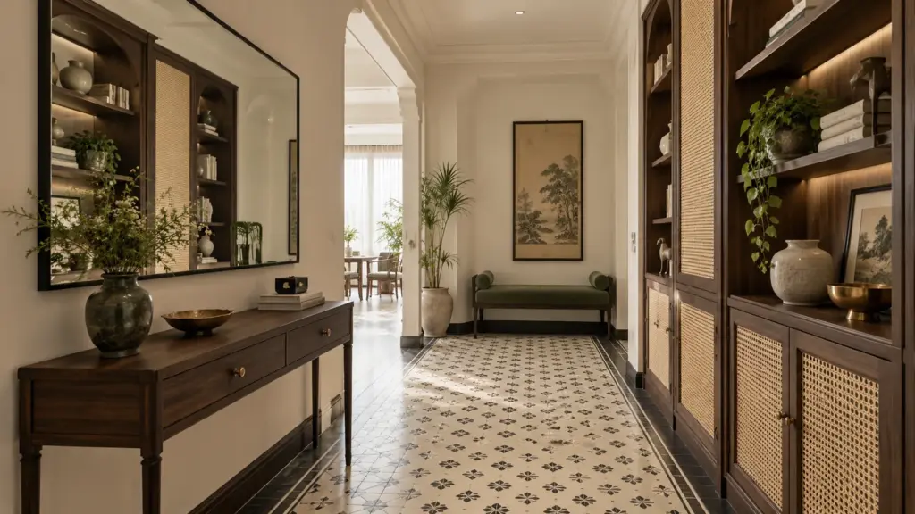 Sảnh vào Indochine giả định với gương trên vách bên, bàn gỗ và lối đi giữa các đồ nội thất