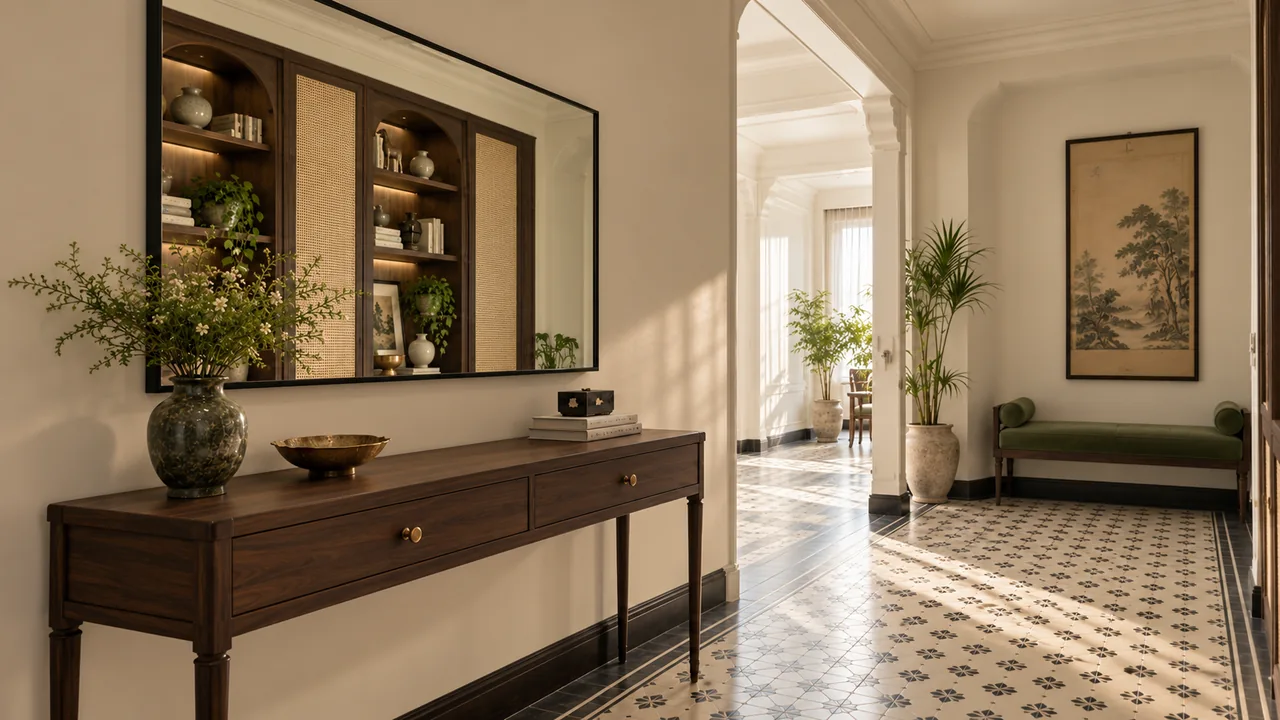 Gương khung đen trên bàn console gỗ phản chiếu hệ tủ đan ở vách đối diện