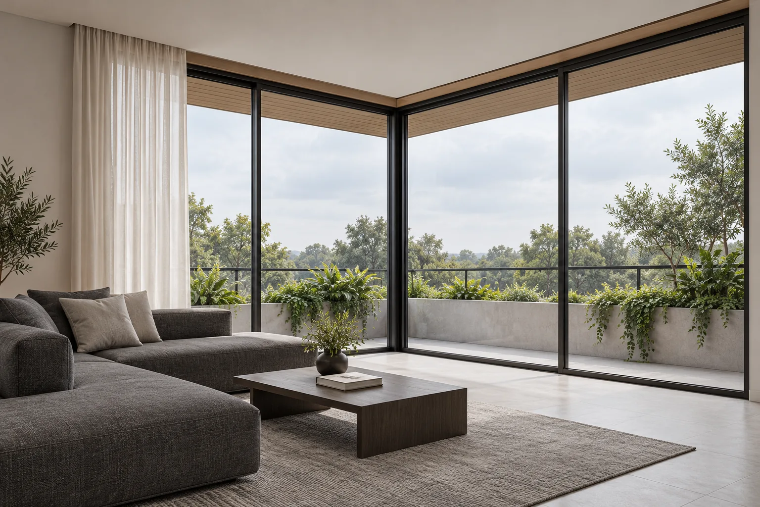Minh họa ý tưởng bằng AI: sofa xám lùi khỏi góc kính, rèm sáng và ban công cây trong ánh sáng ban ngày