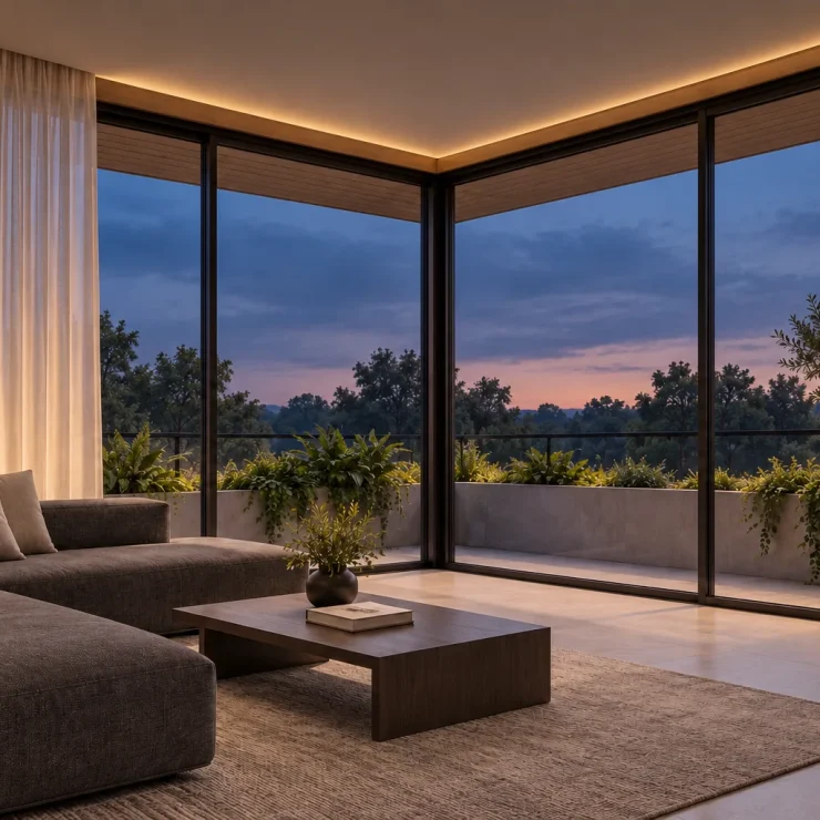 Minh họa ý tưởng bằng AI: cùng bố trí sofa xám và góc kính lúc chiều tối, đèn hắt trần ấm và bầu trời xanh sẫm