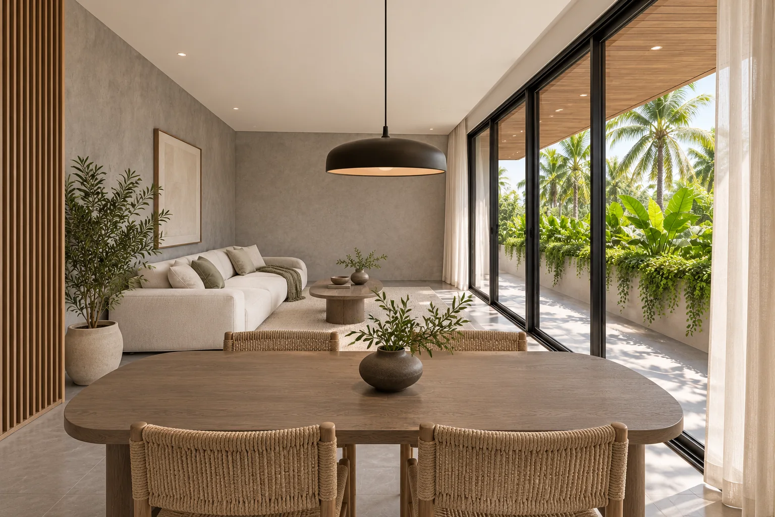 Minh họa phương án đề xuất: bàn ăn gỗ và ghế đan ở tiền cảnh, sofa sáng phía sau, dải kính và cây xanh bên phải