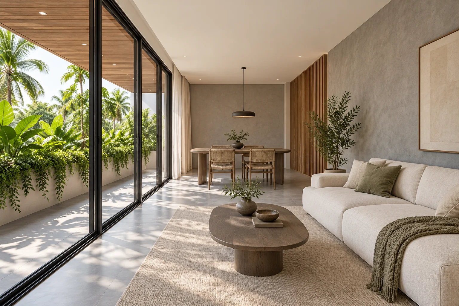Minh họa phương án đề xuất: sofa vải sáng cạnh mảng tường xám, bàn gỗ thấp và dải kính nhìn ra hiên cây xanh