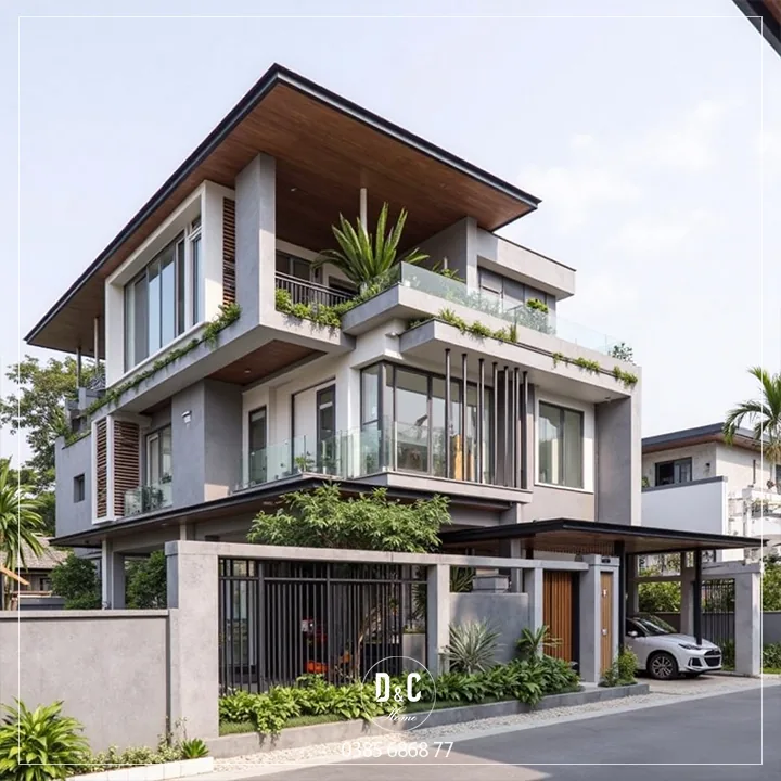Phối cảnh nhà hiện đại với mái đua rộng, ban công kính và các khoảng xanh