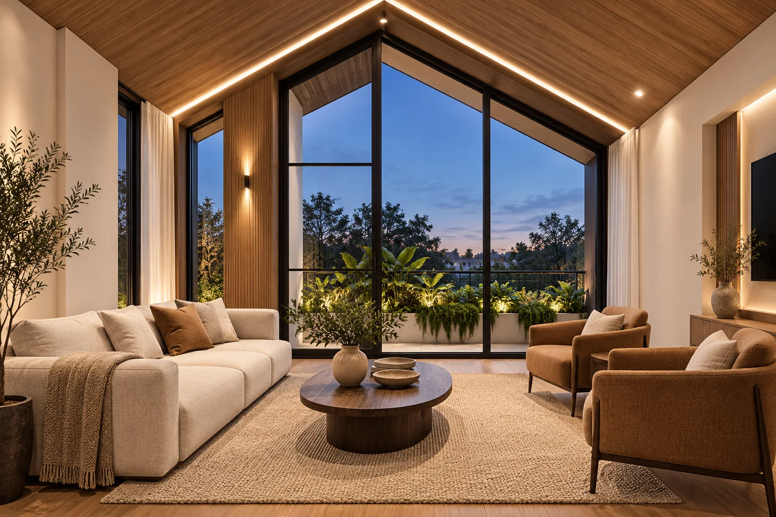 Minh họa ý tưởng nội thất bằng AI: phòng khách dưới trần mái dốc, kính khung đen và sofa màu kem