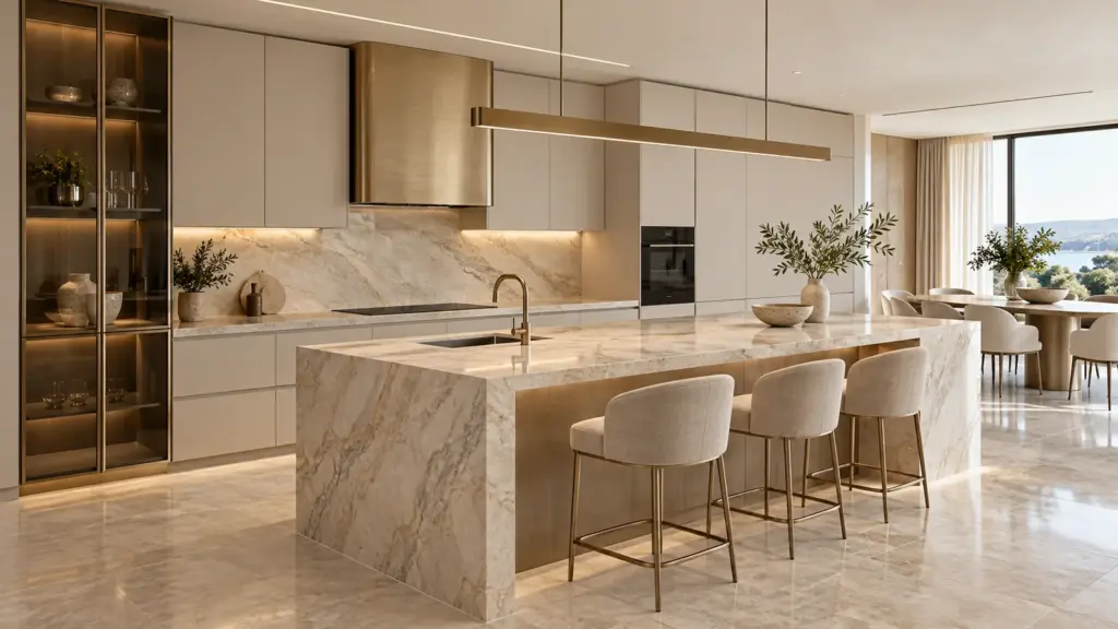 Toàn cảnh bếp Hiện đại Luxury với đảo đá vân sáng, hệ tủ phẳng và khu bàn ăn