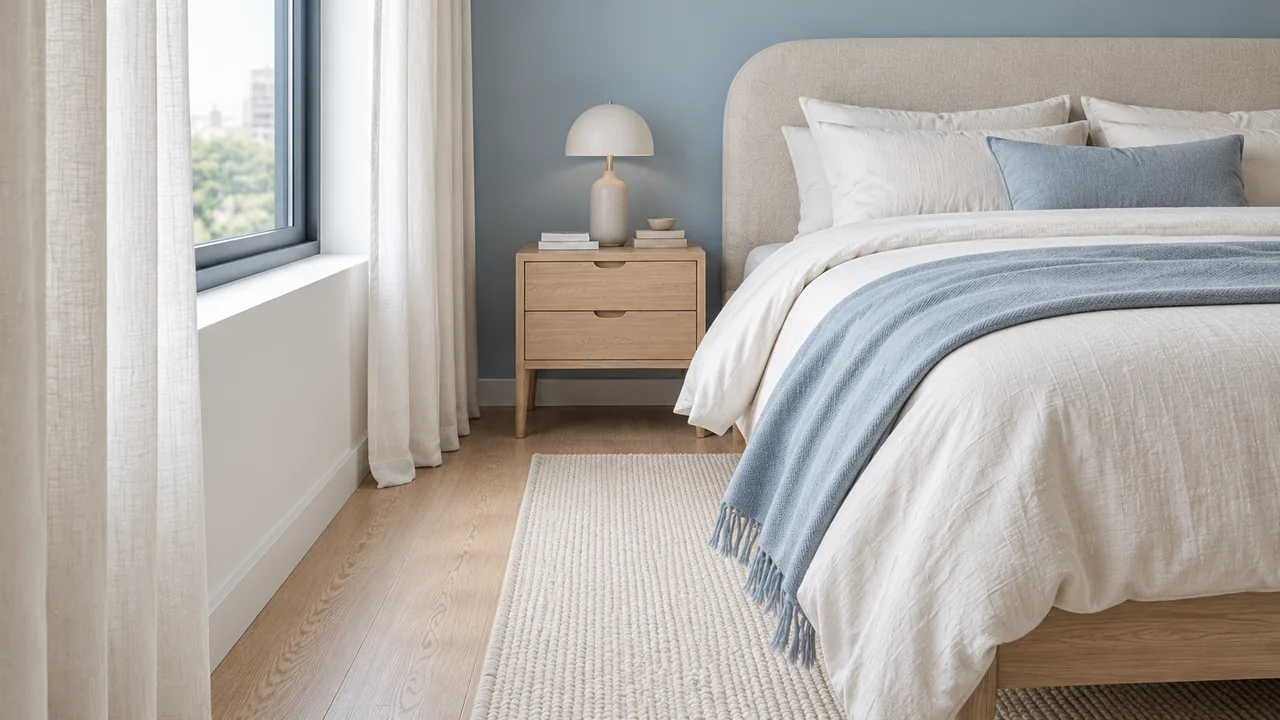 Chi tiết khoảng sàn cạnh giường, bàn đầu giường và rèm cửa sổ trong phòng ngủ xanh khói