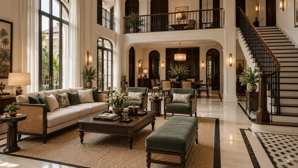 Phòng khách duplex phong cách Indochine nối khu ăn phía sau