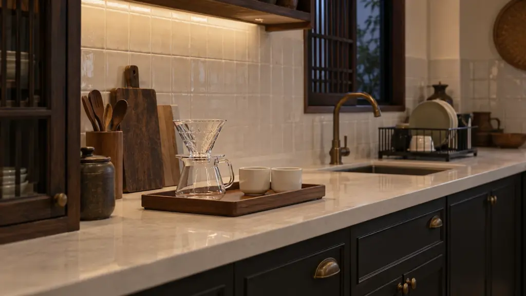 Góc bếp Indochine với khay pha cà phê và bồn rửa