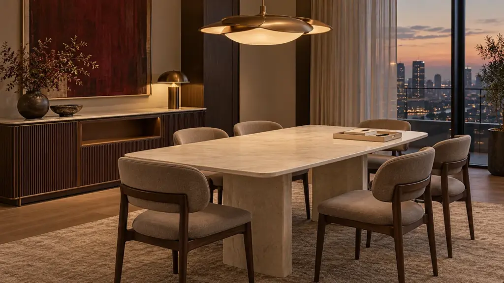 Không gian bàn ăn phong cách luxury với tủ cạnh bàn và khay công việc