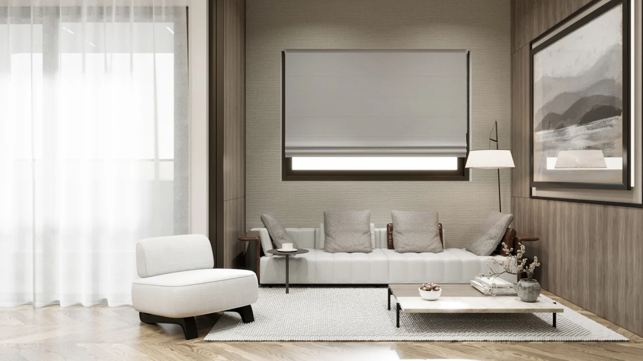 Góc sofa và bàn trà gần cửa sổ có rèm sáng