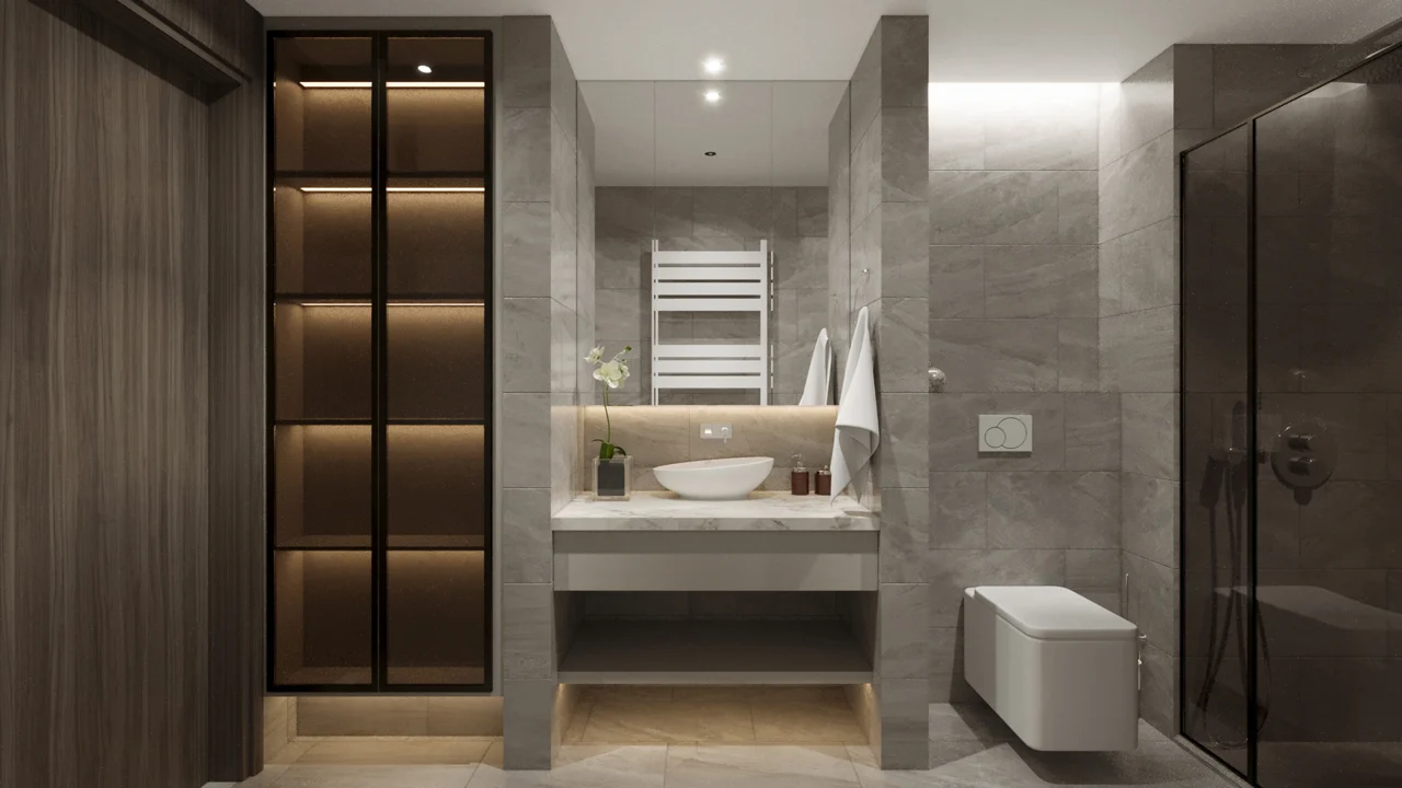 Phòng tắm với lavabo, tủ lưu trữ và vách tắm kính