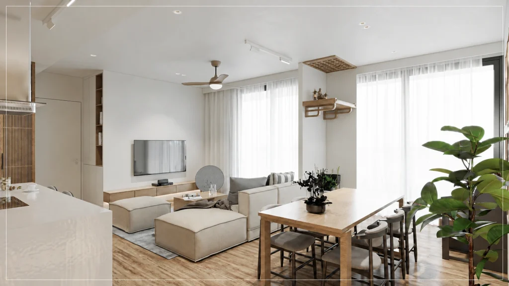 Bàn ăn cạnh sofa và góc tivi trong căn hộ Scandinavian Sol Forest