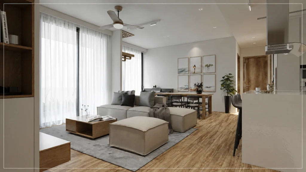 Không gian khách và bàn ăn Sol Forest với sofa thấp, cửa kính lớn và nền vân gỗ