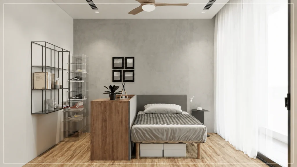 Phòng ngủ tông ghi với kệ trưng bày và khối bàn cạnh giường