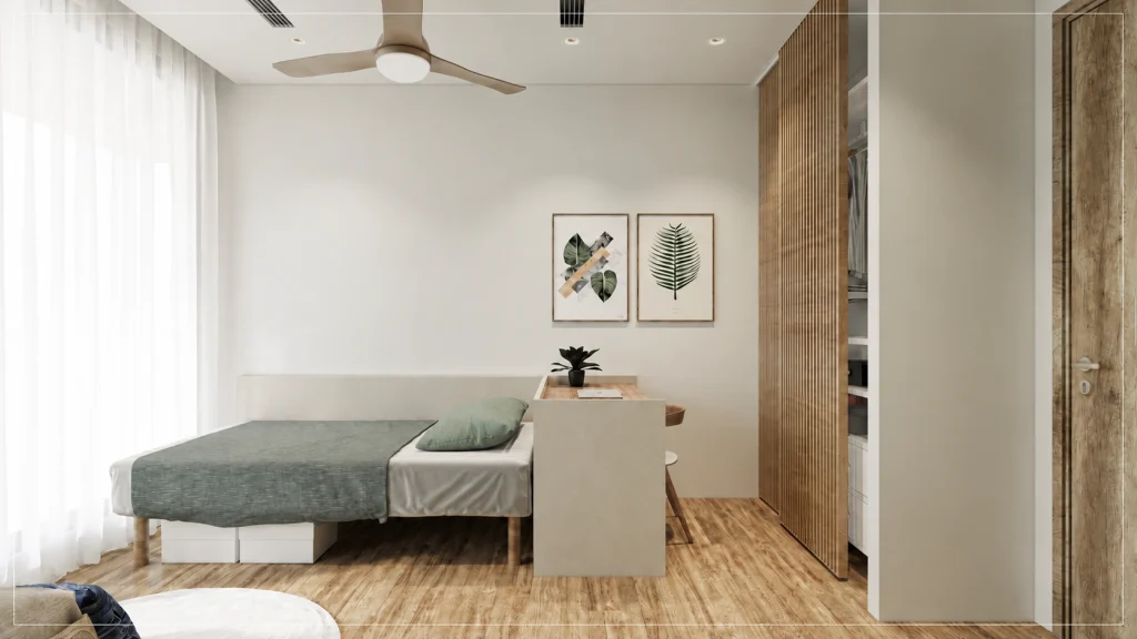 Giường đơn tông xanh cạnh góc bàn thấp và tủ cửa nan