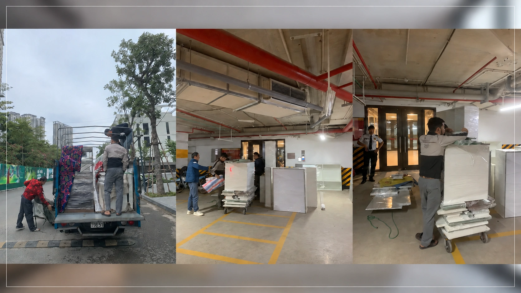 Ghép ảnh vận chuyển đồ nội thất từ xe tải qua tầng hầm tòa nhà