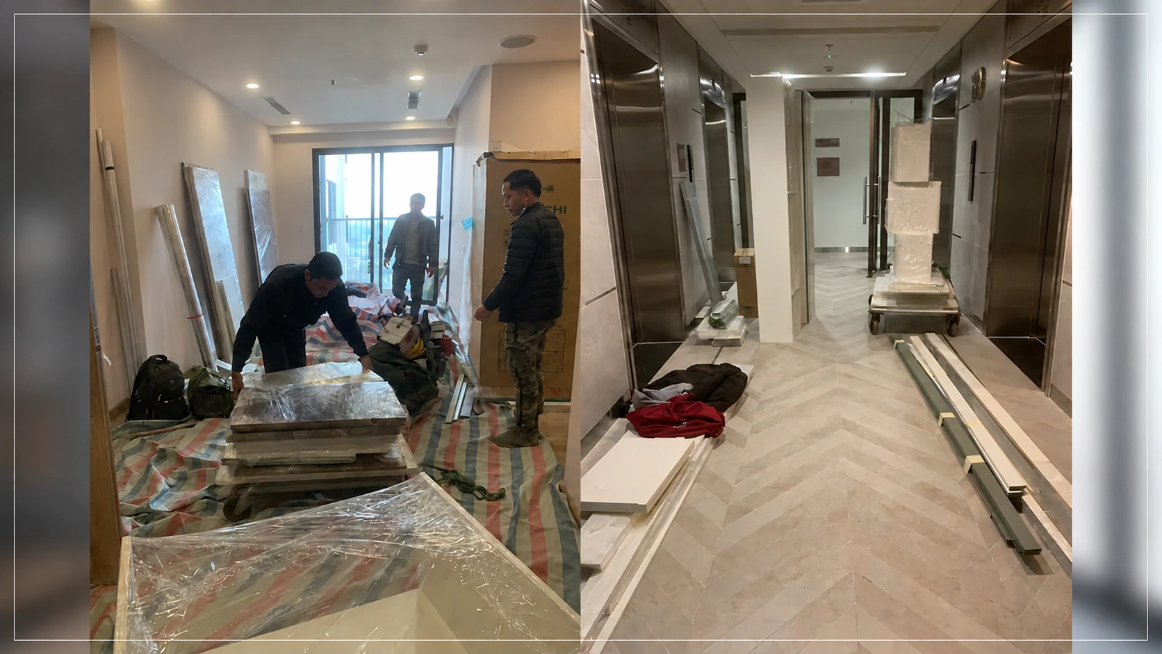 Đồ nội thất được bọc và tập kết trong căn hộ, hành lang thang máy