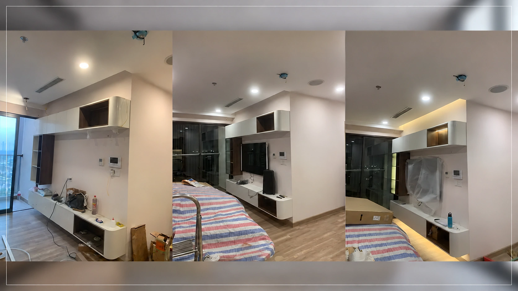 Các bước hoàn thiện kệ tivi treo và tủ trang trí phòng khách