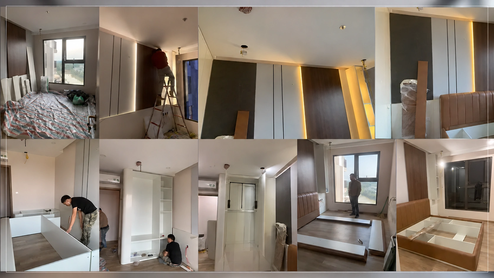 Ghép ảnh thi công tủ áo, vách đầu giường và giường phòng ngủ chính