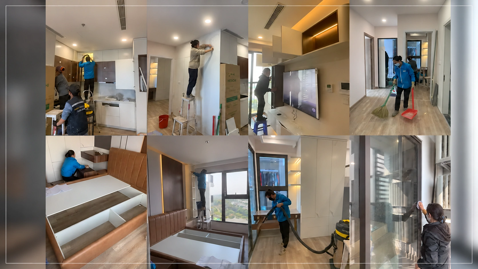 Ghép ảnh vệ sinh tủ bếp, giường, kính và sàn trước bàn giao