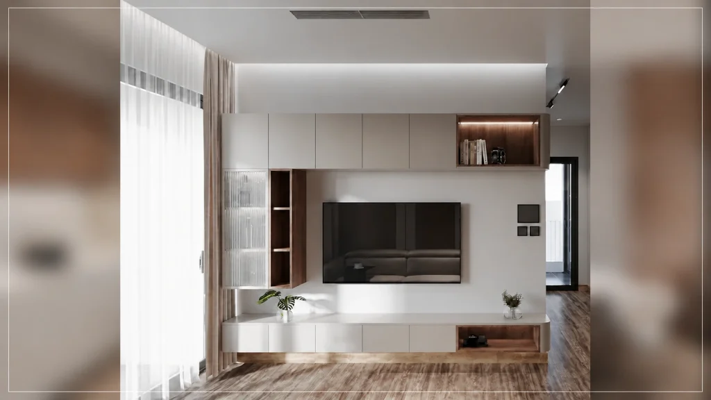 Phối cảnh kệ tivi màu trắng kết hợp tủ trưng bày vân gỗ
