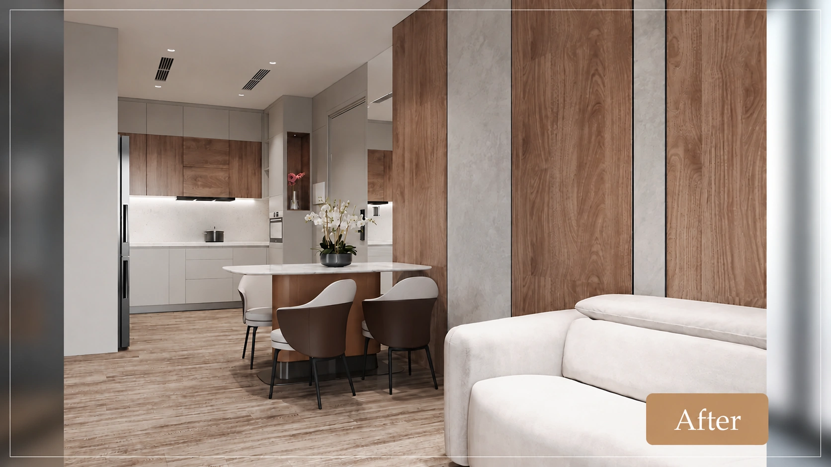 Bàn ăn nối giữa bếp chữ L và sofa trong phương án căn hộ
