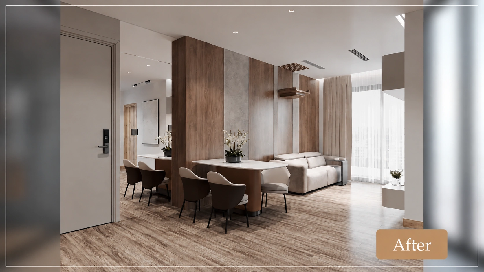 Không gian bàn ăn và sofa cạnh cửa kính với mảng vân gỗ và gương