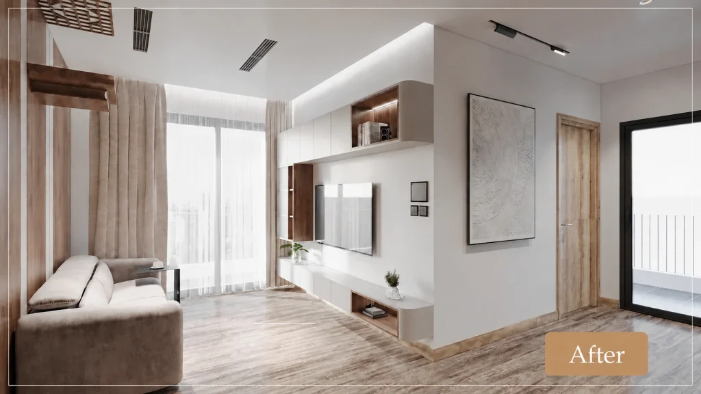 Phương án phòng khách với sofa đối diện kệ tivi và cửa kính cạnh rèm
