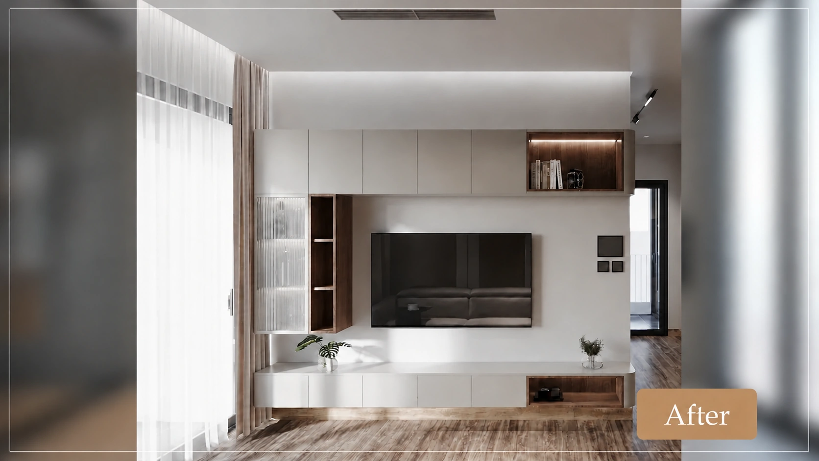 Hệ kệ tivi sáng màu kết hợp tủ trên và các hốc trang trí vân gỗ