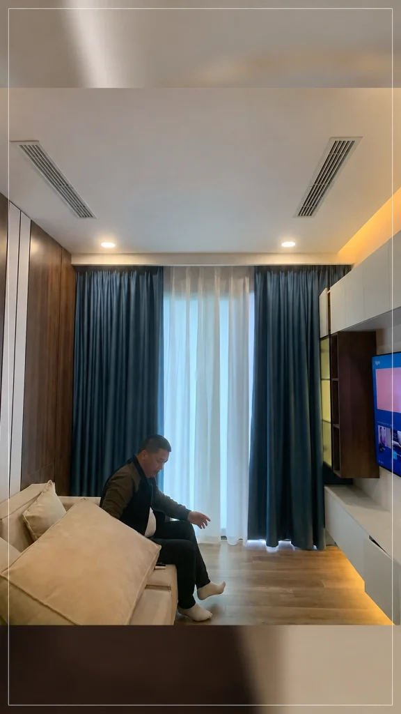 Rèm vải xanh và voan trắng ở cuối phòng khách có sofa sáng màu