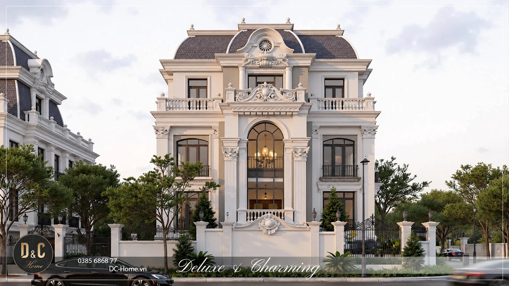Phối cảnh biệt thự tân cổ điển với mặt đứng sáng màu và các chi tiết đối xứng