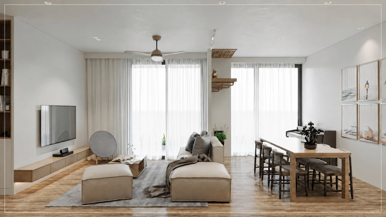 Phối cảnh phòng khách liên thông bàn ăn tại Sol Forest với sofa sáng màu, cửa kính lớn và sàn vân gỗ