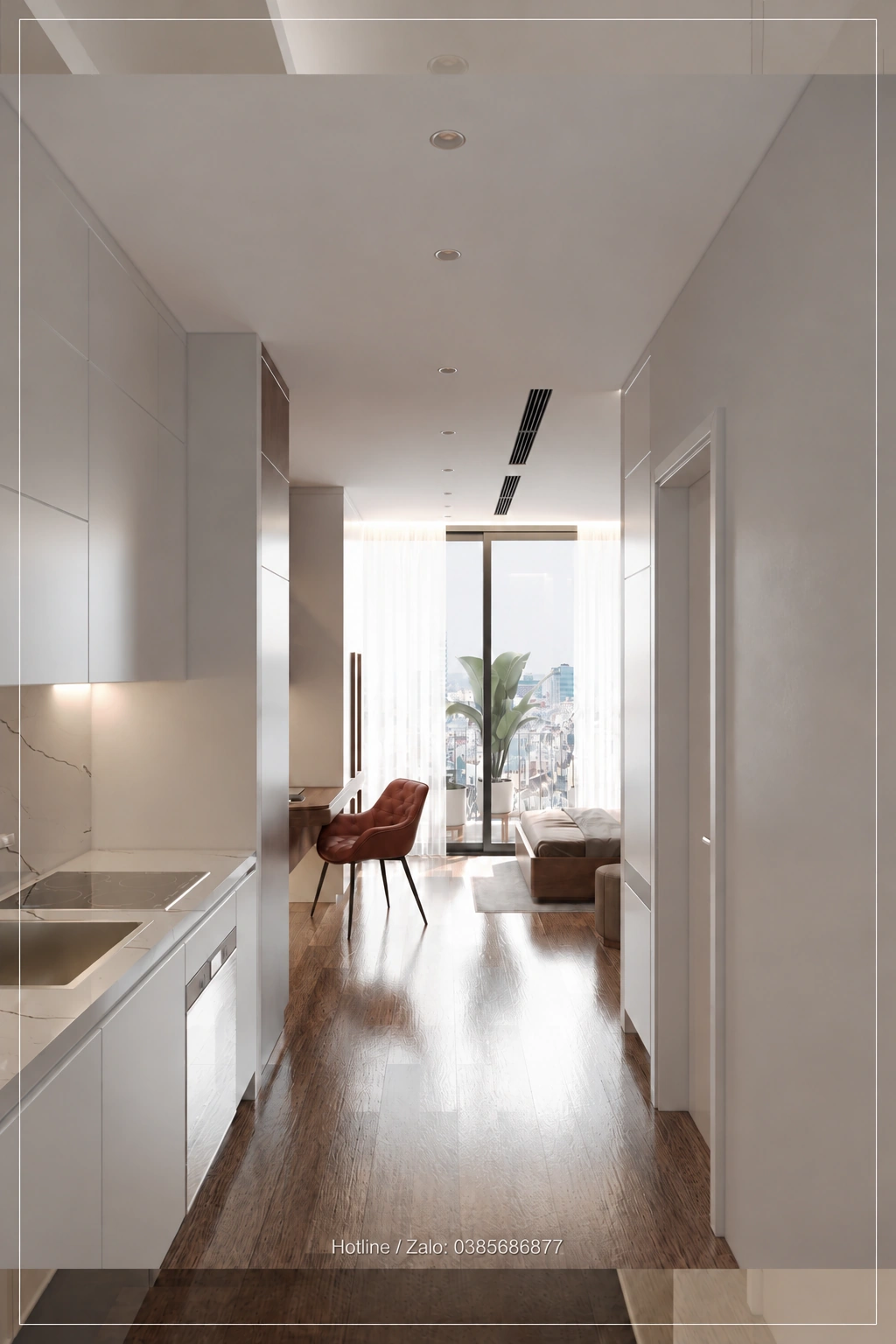 Phối cảnh lối vào Studio Sky Oasis nhìn về cửa kính cuối căn hộ