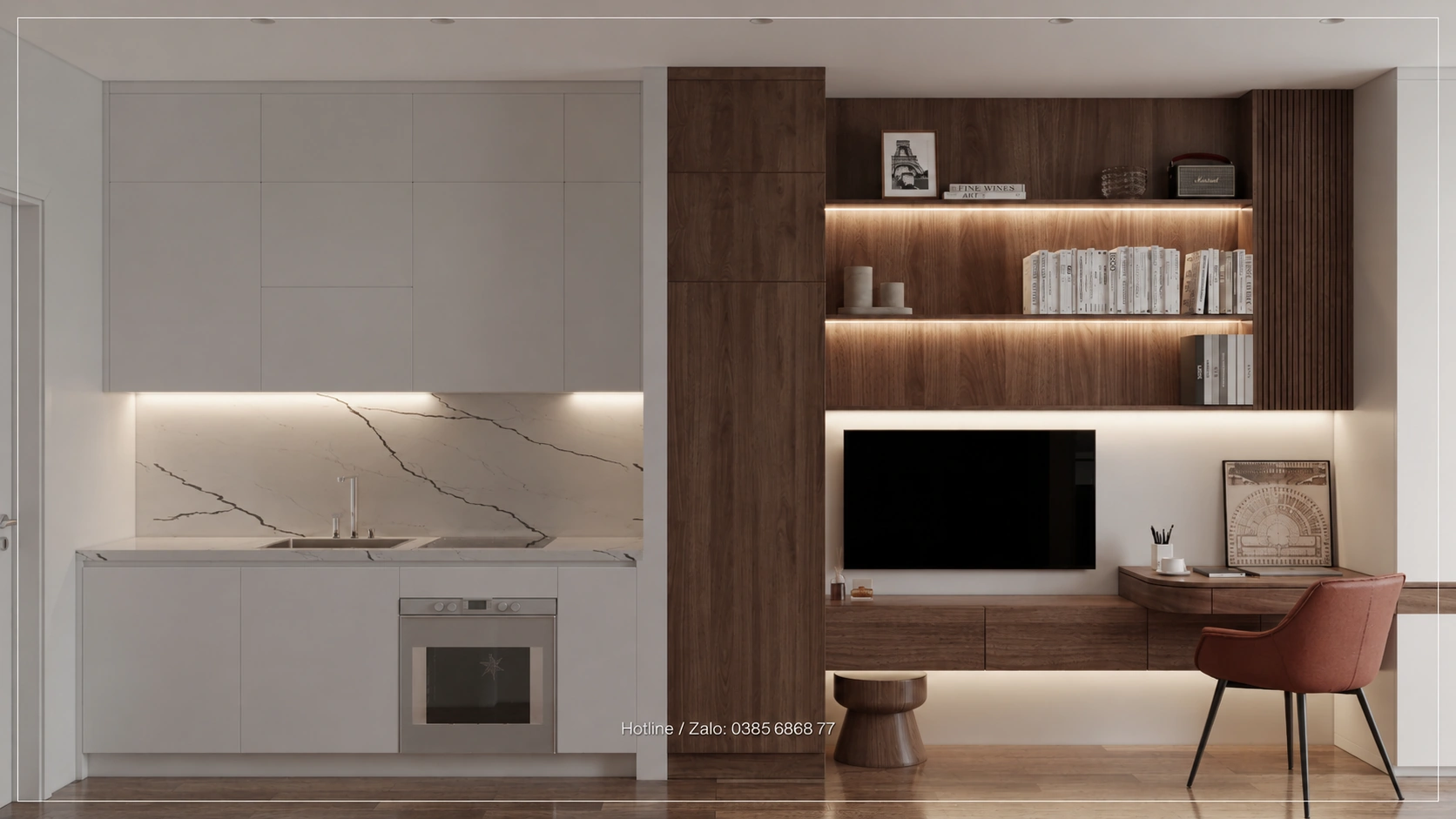Bếp thẳng và hệ kệ vân gỗ trong phối cảnh Studio Sky Oasis