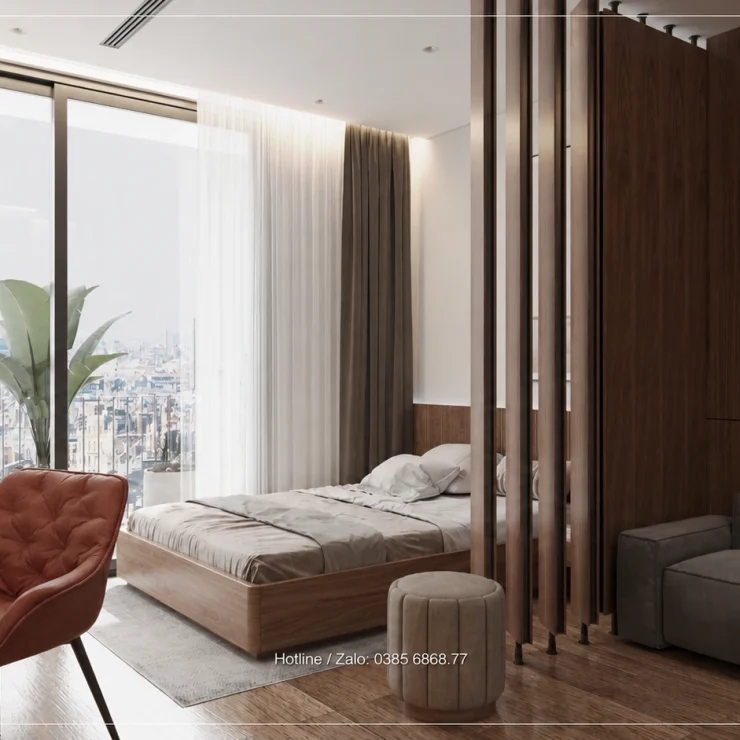 Góc bàn và ghế đỏ nâu cạnh cửa kính Studio Sky Oasis
