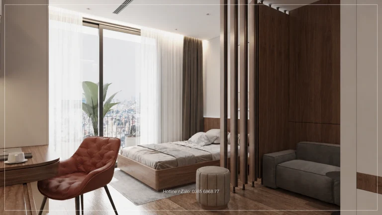 Góc bàn và ghế đỏ nâu cạnh cửa kính Studio Sky Oasis
