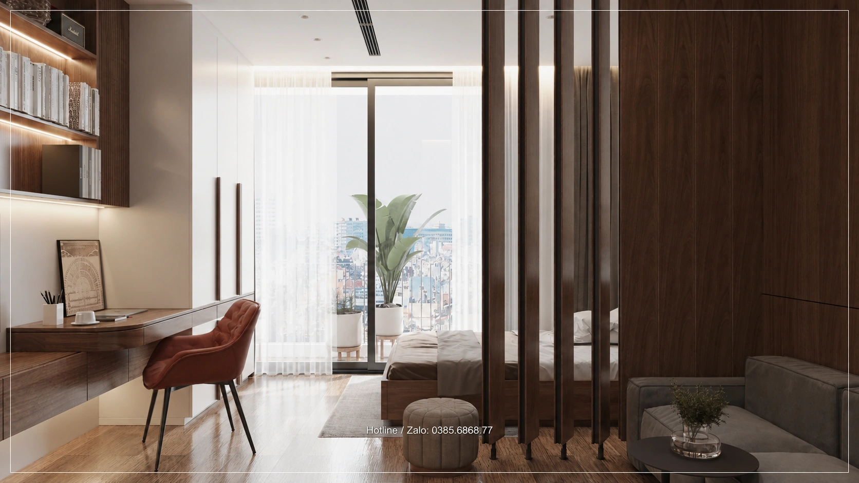 Vách lam đứng phân chia góc sinh hoạt và khu ngủ Studio Sky Oasis