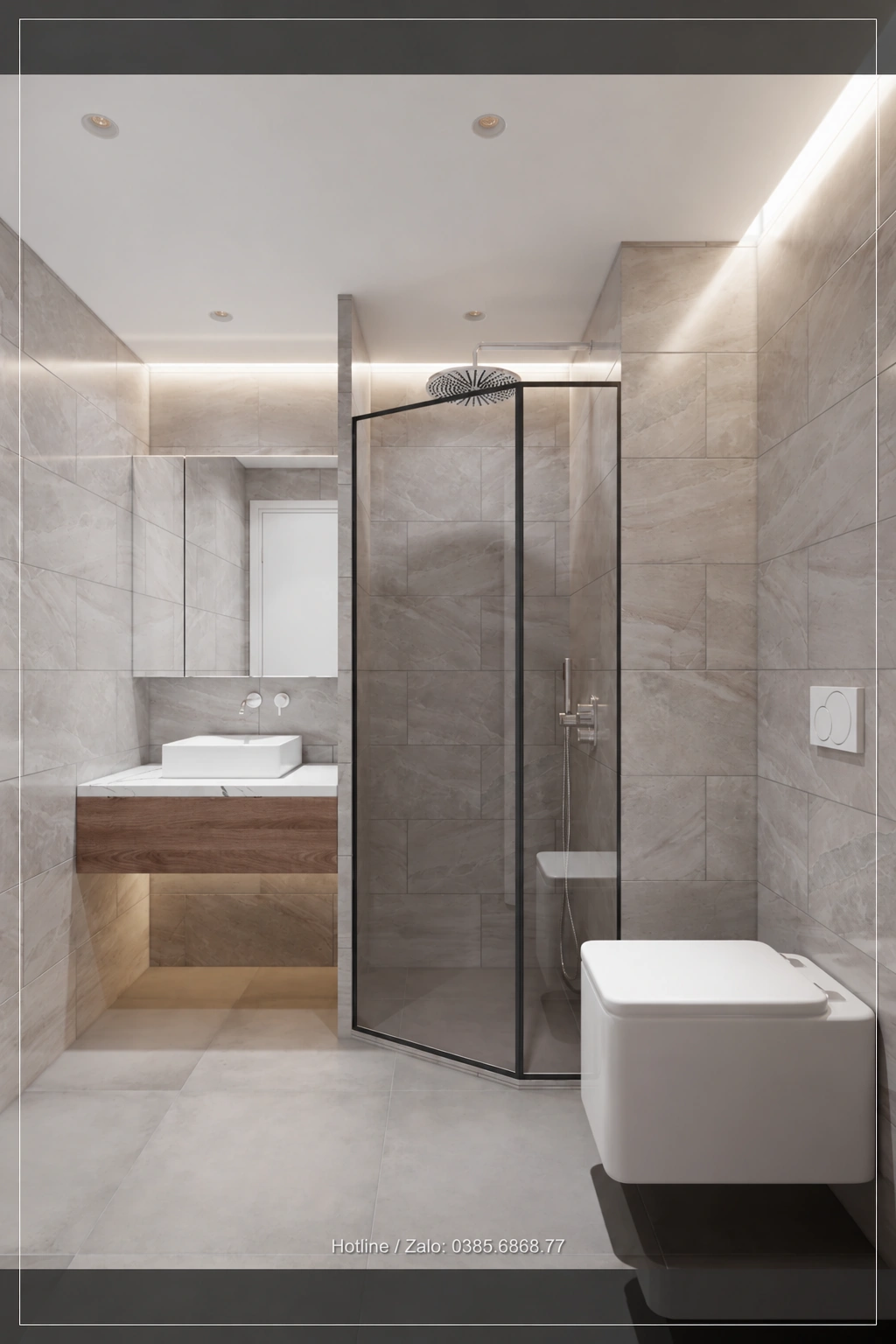 Phối cảnh phòng vệ sinh với lavabo và vách tắm kính Studio Sky Oasis
