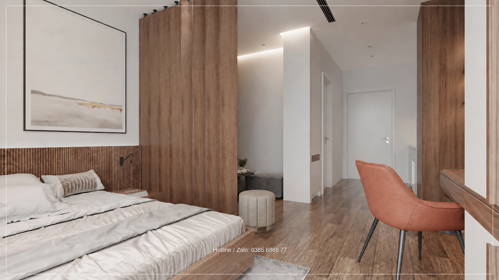 Góc nhìn từ giường về tủ và bàn Studio Sky Oasis