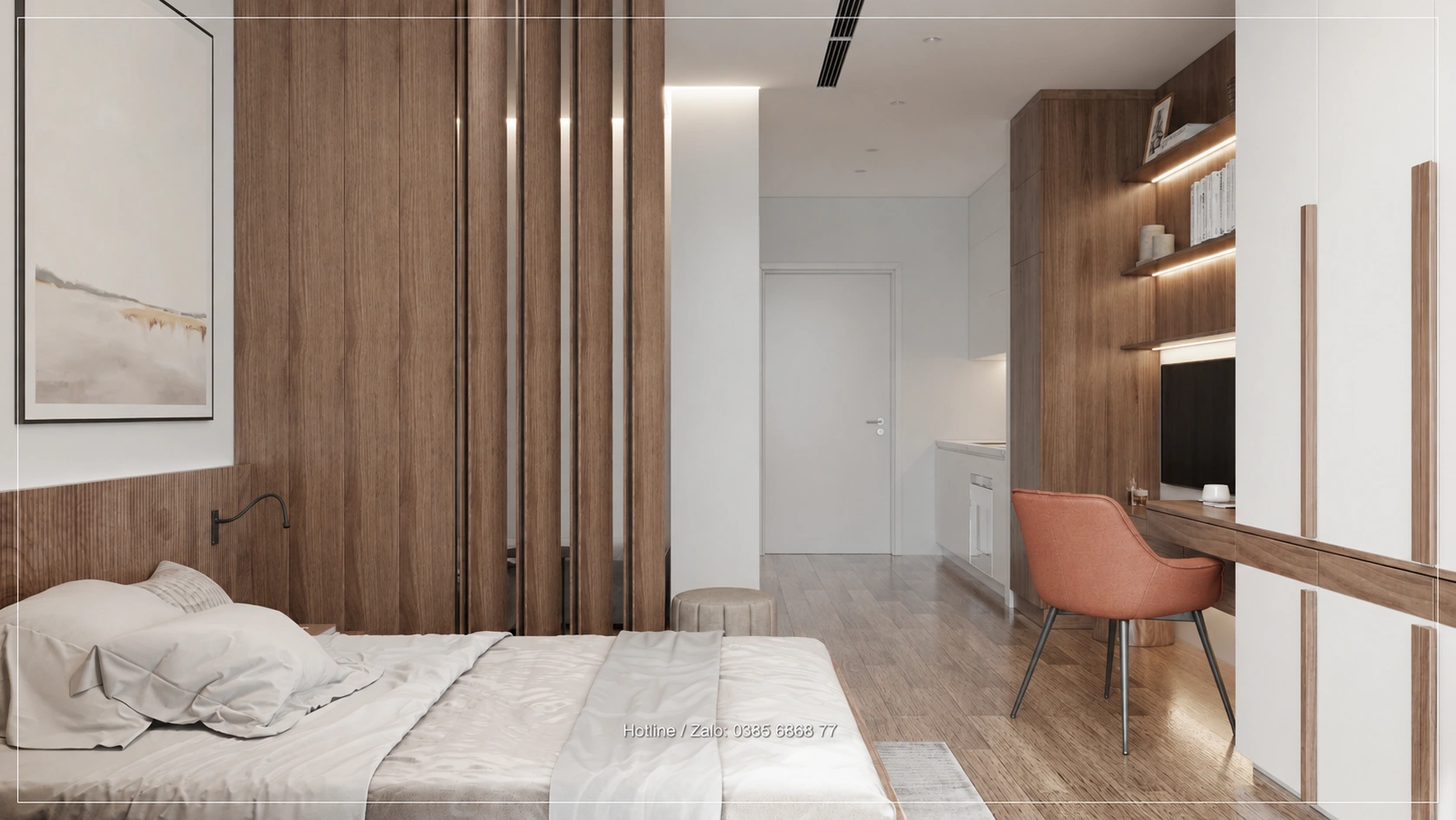 Giường và vách lam vân gỗ trong phương án Studio Sky Oasis
