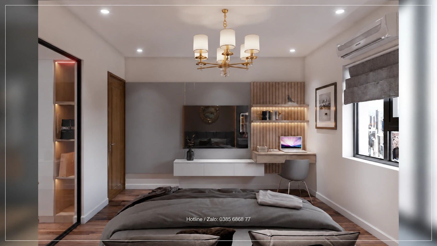 Phối cảnh bàn và hệ kệ đối diện giường trong phòng ngủ