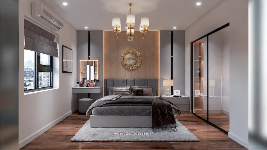 Phối cảnh phòng ngủ với giường tủ và cửa sổ nhìn từ cuối phòng